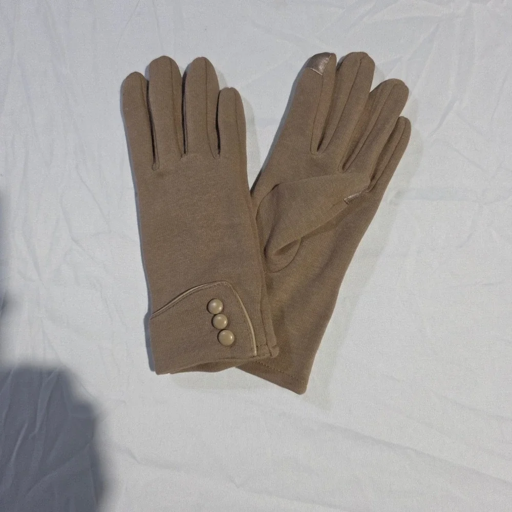 Tan Brown Knit Touchscreen Gloves with Faux Fur Lining and Button Detail